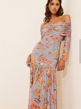AFRM Dusty Blue Floral Off-Shoulder Maxi Dress